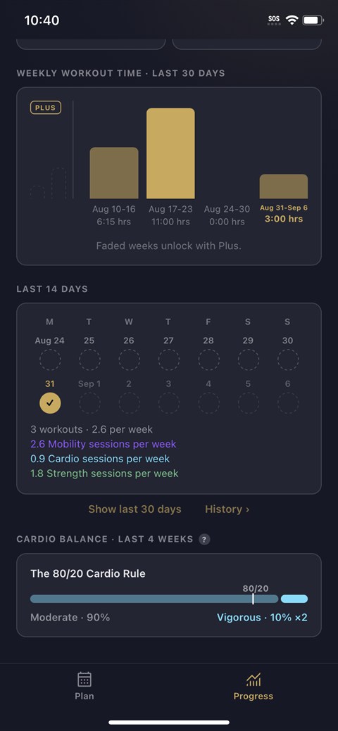 Compile history showing weekly workout time, a training calendar and cardio balance