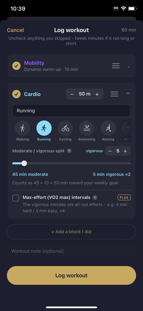 Logging a workout in Compile with a minutes stepper and a moderate to vigorous split