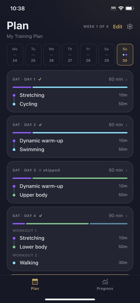 The Compile plan screen showing a week of workouts with cardio, strength and mobility blocks