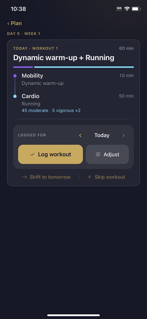 Today's workout in Compile with options to log it, adjust it, shift it to tomorrow or skip it