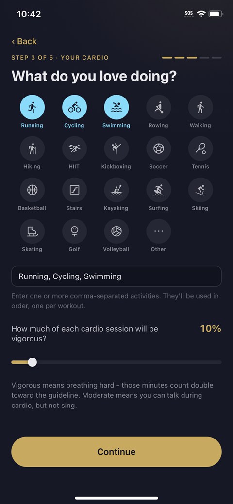 Choosing cardio activities and a vigorous share in the Compile setup wizard